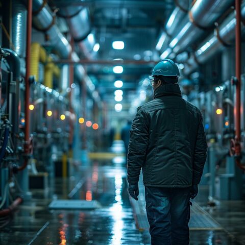 a technician inspecting a large industrial refrigeration